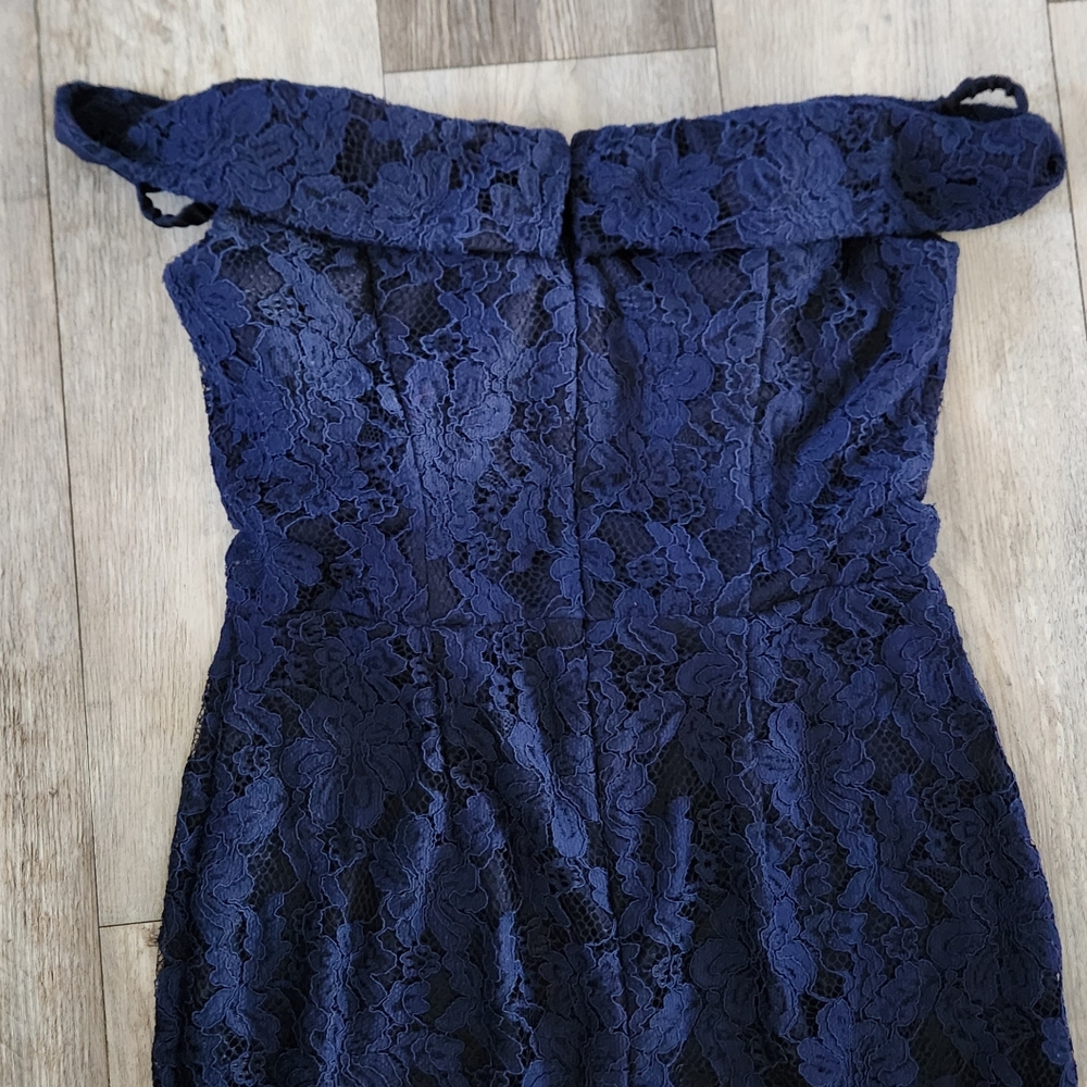 Xscape Off-the-Shoulder High Low Floral Flouce Lace Dress- Navy Blue - Picture 11 of 12